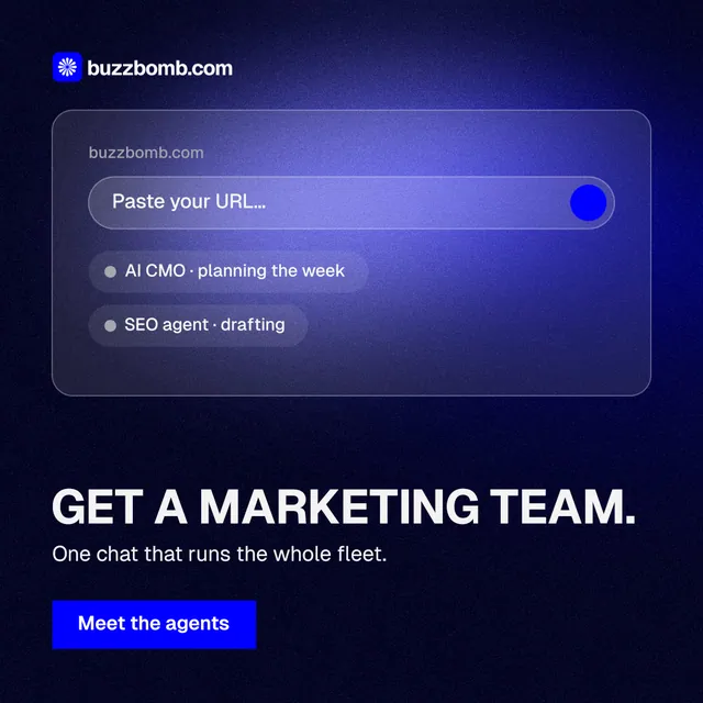 Instagram post for BuzzBomb: "Get a marketing team." Swiss style, bottom layout, dark palette in black, blue.
