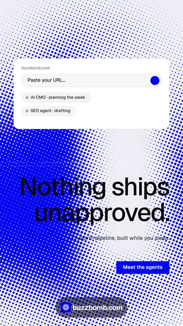 Instagram story for BuzzBomb: "Nothing ships unapproved." Swiss style, right layout, light palette in blue, white.