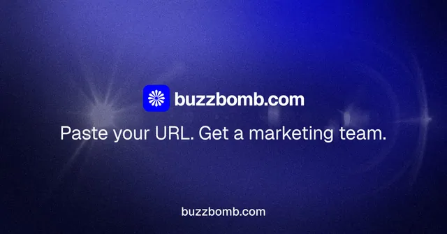 Social ad for BuzzBomb: "Distribution, solved." Swiss style, end card layout, dark palette in blue.