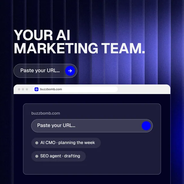Instagram post for BuzzBomb: "Your AI marketing team." Agentic glass style, browser layout, dark palette in blue, black.