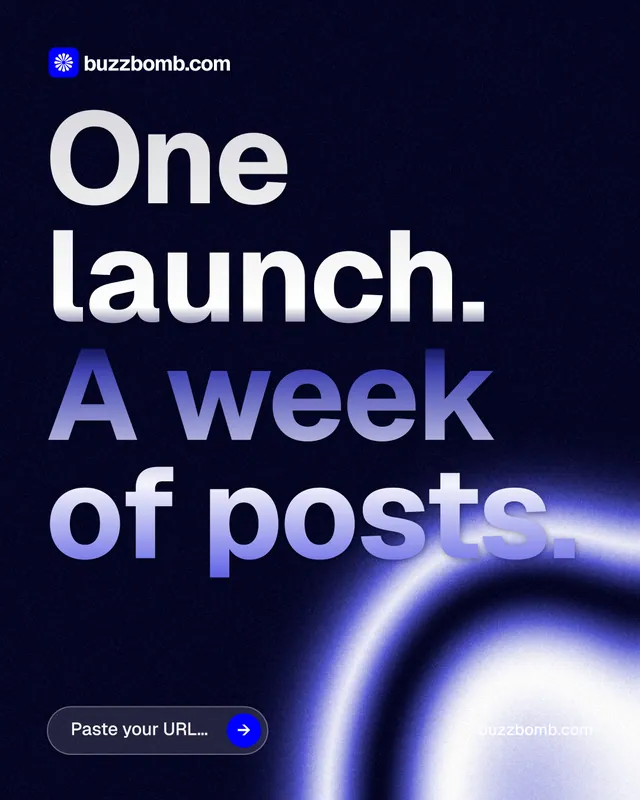 Instagram portrait post for BuzzBomb: "One launch. A week of posts." Agentic glass style, poster layout, dark palette in black, blue.