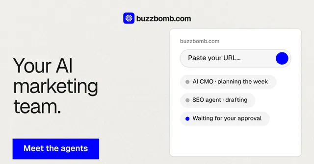 Social ad for BuzzBomb: "Your AI marketing team." Swiss style, bottom layout, light palette in white, blue.