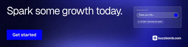 LinkedIn banner for BuzzBomb: "Spark some growth today." Swiss style, skeleton layout, dark palette in blue.
