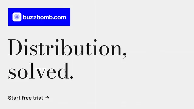 Landscape graphic for BuzzBomb: "Distribution, solved." Minimal luxury style, announce layout, light palette in white, blue.