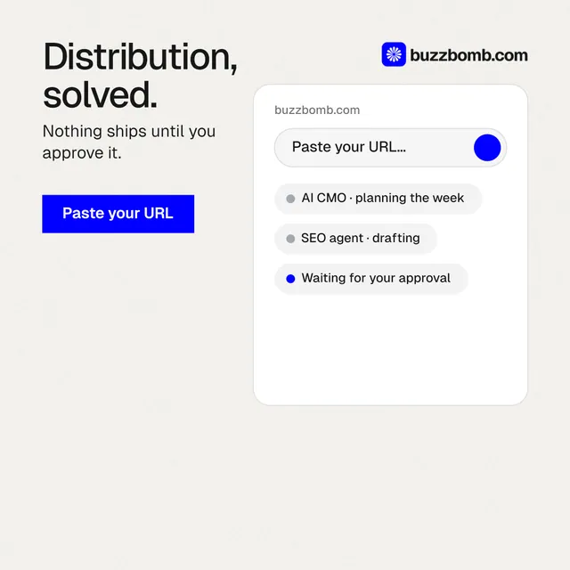 Instagram post for BuzzBomb: "Distribution, solved." Swiss style, skeleton layout, light palette in white, blue.