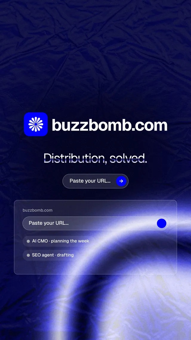 Instagram story for BuzzBomb: "Distribution, solved." Agentic glass style, logo hero layout, dark palette in blue, black.