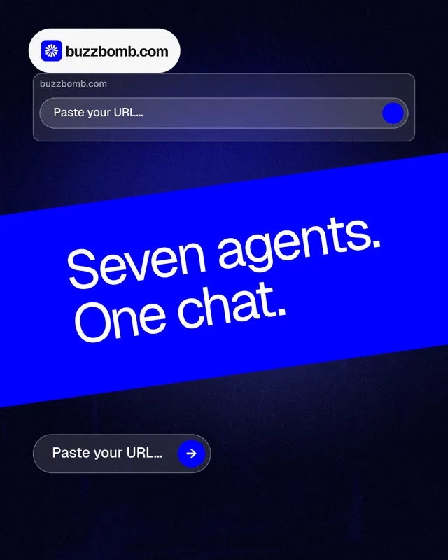 Instagram portrait post for BuzzBomb: "Seven agents. One chat." Agentic glass style, diagonal layout, dark palette in black, blue.