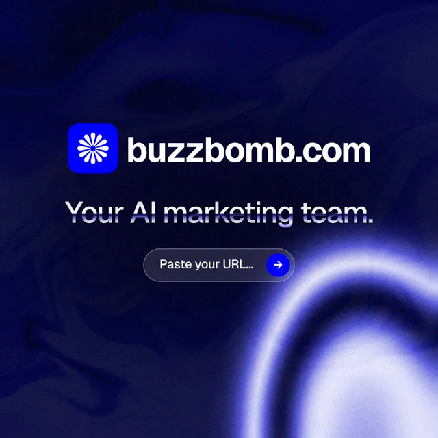 Instagram post for BuzzBomb: "Your AI marketing team." Agentic glass style, logo hero layout, dark palette in black, blue.