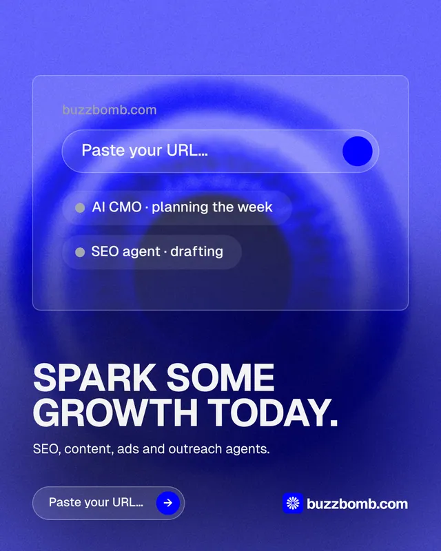 Instagram portrait post for BuzzBomb: "Spark some growth today." Agentic glass style, bottom layout, dark palette in blue.