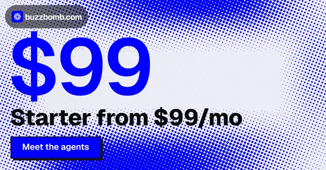 Social ad for BuzzBomb: "Nothing ships unapproved." Brutalist style, stat layout, light palette in blue, white.