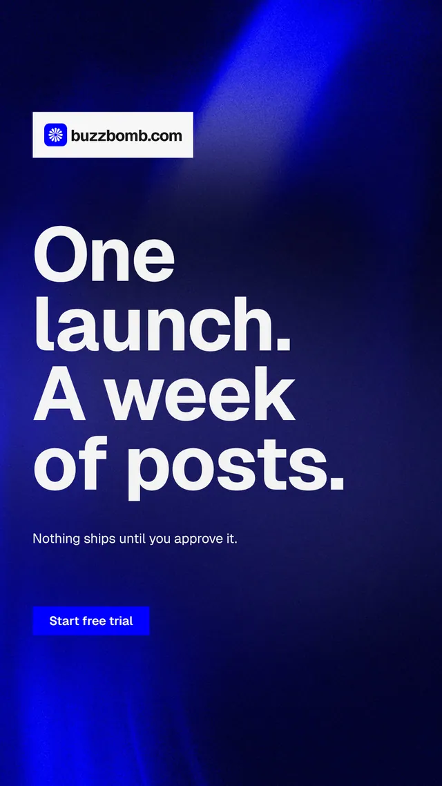 Instagram story for BuzzBomb: "One launch. A week of posts." Swiss style, announce layout, dark palette in black, blue.