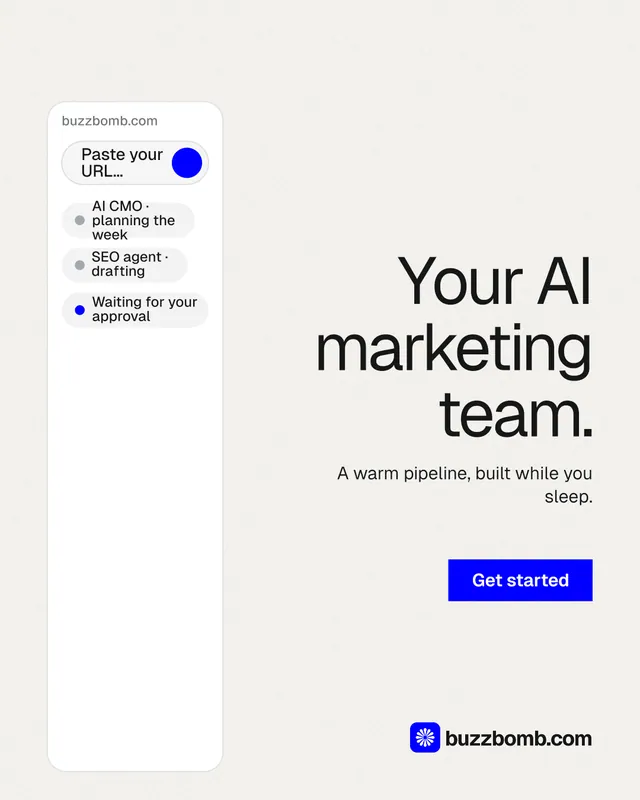 Instagram portrait post for BuzzBomb: "Your AI marketing team." Swiss style, right layout, light palette in white.