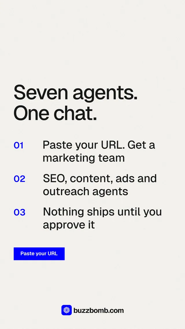 Instagram story for BuzzBomb: "Seven agents. One chat." Swiss style, numbered layout, light palette in white, grey.