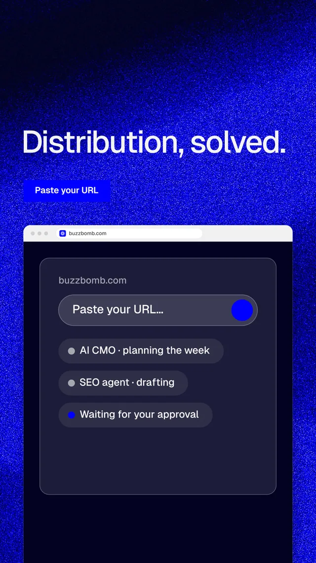 Instagram story for BuzzBomb: "Distribution, solved." Swiss style, browser layout, dark palette in blue, black.