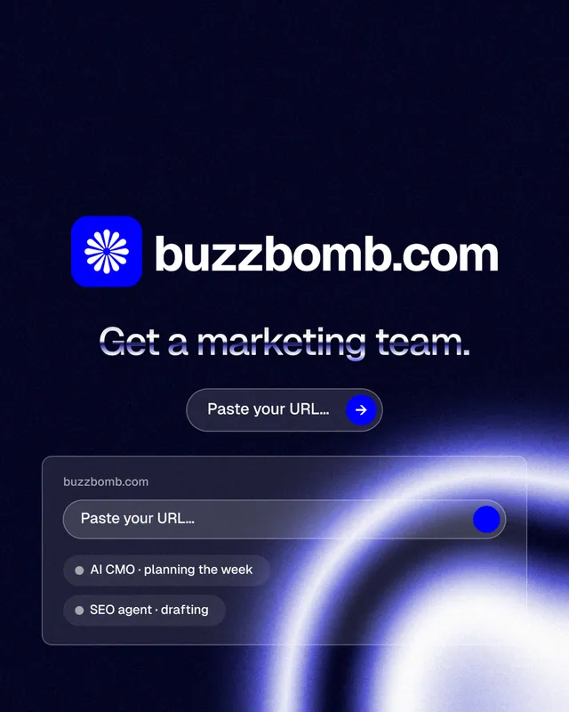Instagram portrait post for BuzzBomb: "Get a marketing team." Agentic glass style, logo hero layout, dark palette in black, blue.