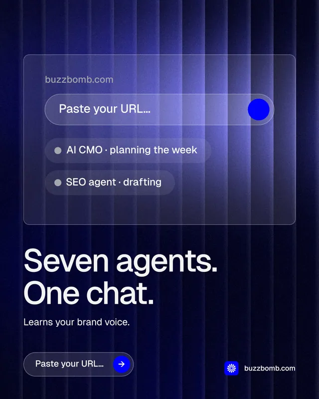 Instagram portrait post for BuzzBomb: "Seven agents. One chat." Agentic glass style, bottom layout, dark palette in black, blue.