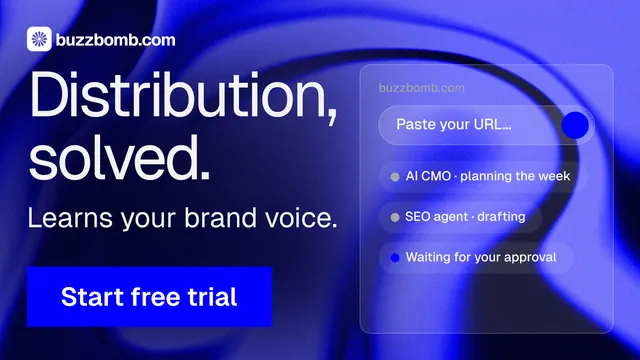 Landscape graphic for BuzzBomb: "Distribution, solved." Swiss style, skeleton layout, dark palette in blue.