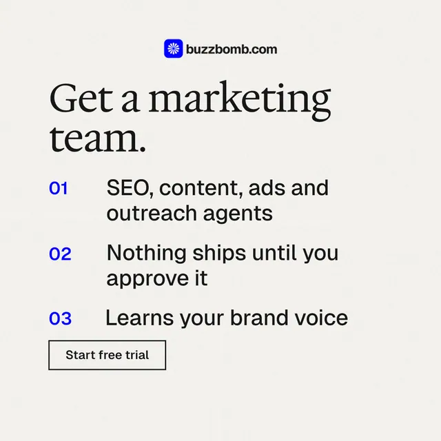 Instagram post for BuzzBomb: "Get a marketing team." Editorial style, numbered layout, light palette in white.
