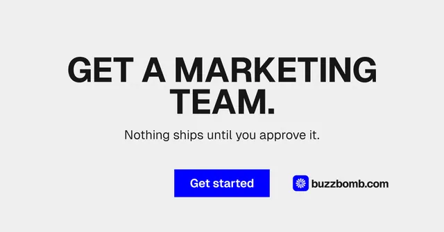 Social ad for BuzzBomb: "Get a marketing team." Swiss style, centred layout, light palette in white, blue.