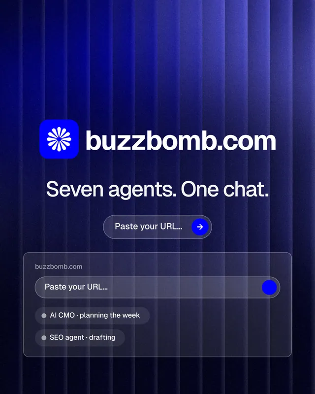 Instagram portrait post for BuzzBomb: "Seven agents. One chat." Agentic glass style, logo hero layout, dark palette in black, blue, grey.