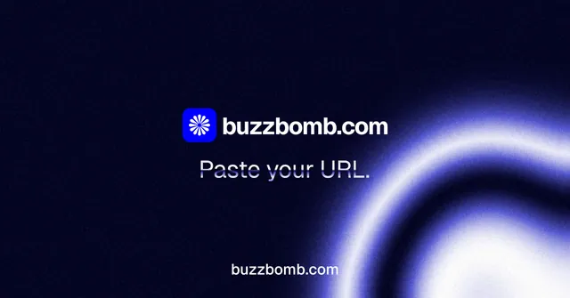 Social ad for BuzzBomb: "Paste your URL." Agentic glass style, end card layout, dark palette in black, blue.