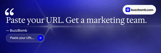 X header for BuzzBomb: "Paste your URL." Agentic glass style, quote layout, dark palette in blue.