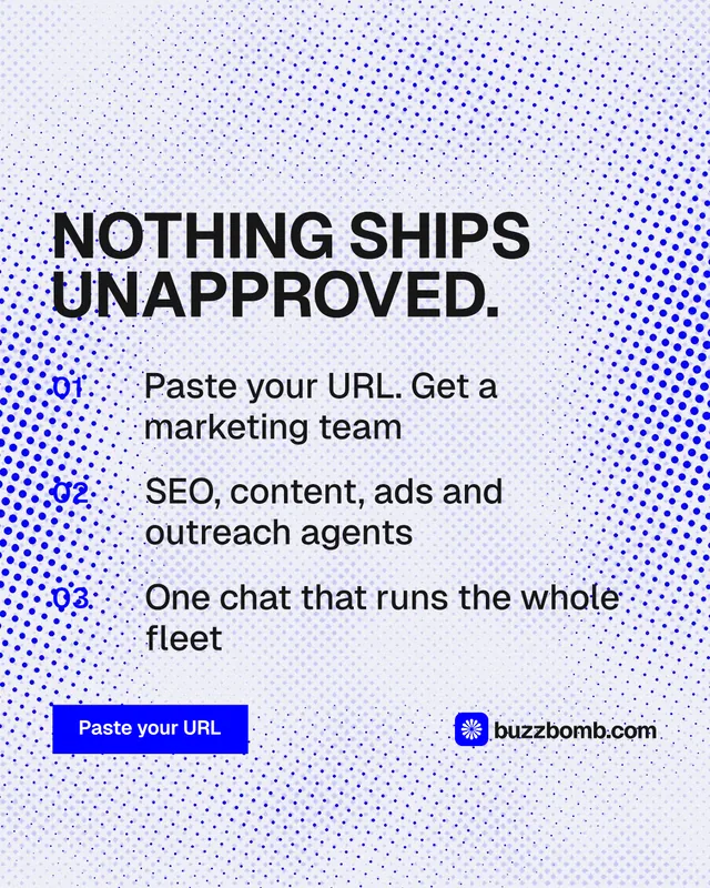 Instagram portrait post for BuzzBomb: "Nothing ships unapproved." Swiss style, numbered layout, light palette in blue, white.