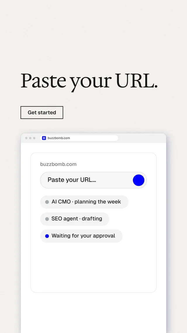 Instagram story for BuzzBomb: "Paste your URL." Editorial style, browser layout, light palette in white.