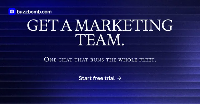 Social ad for BuzzBomb: "Get a marketing team." Agentic glass style, smallcaps layout, dark palette in blue, black.