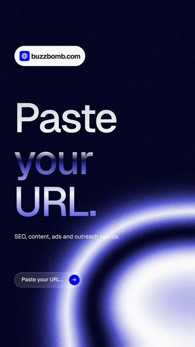 Instagram story for BuzzBomb: "Paste your URL." Agentic glass style, announce layout, dark palette in black, blue.