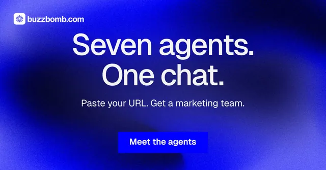 Social ad for BuzzBomb: "Seven agents. One chat." Swiss style, centred layout, dark palette in blue.