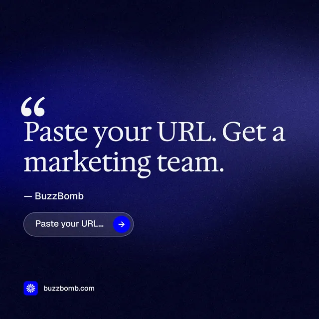 Instagram post for BuzzBomb: "Get a marketing team." Agentic glass style, quote layout, dark palette in blue, black.