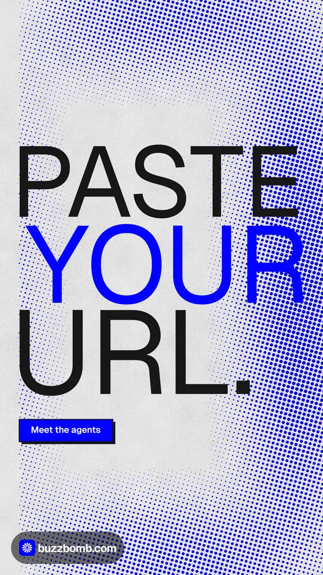 Instagram story for BuzzBomb: "Paste your URL." Brutalist style, stacked layout, light palette in blue, white.