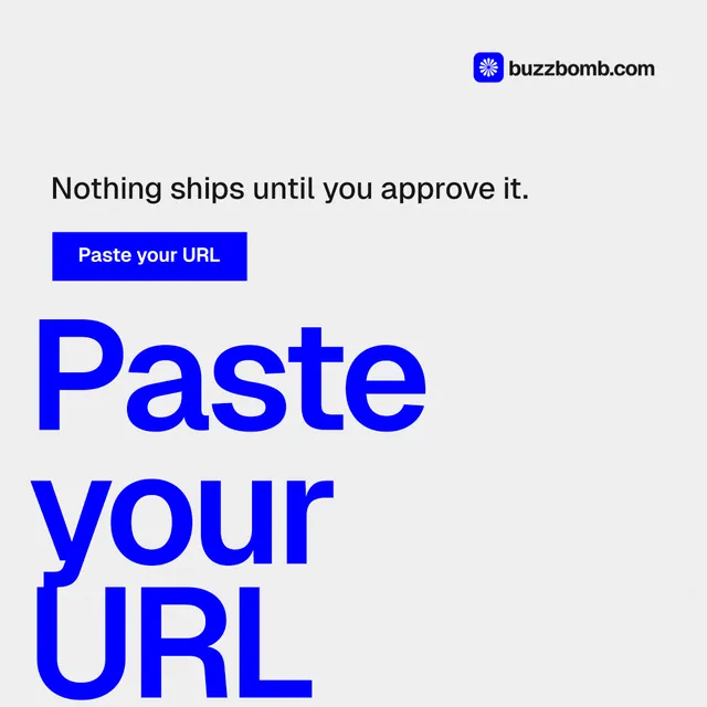 Instagram post for BuzzBomb: "Spark some growth today." Swiss style, oversized layout, light palette in white, blue.