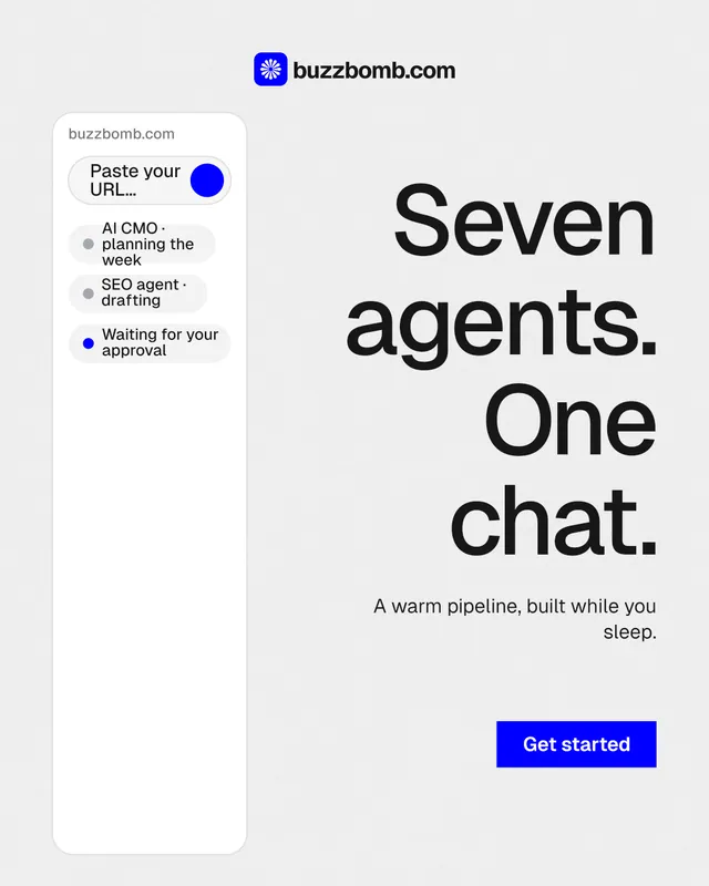 Instagram portrait post for BuzzBomb: "Seven agents. One chat." Swiss style, right layout, light palette in white, grey.