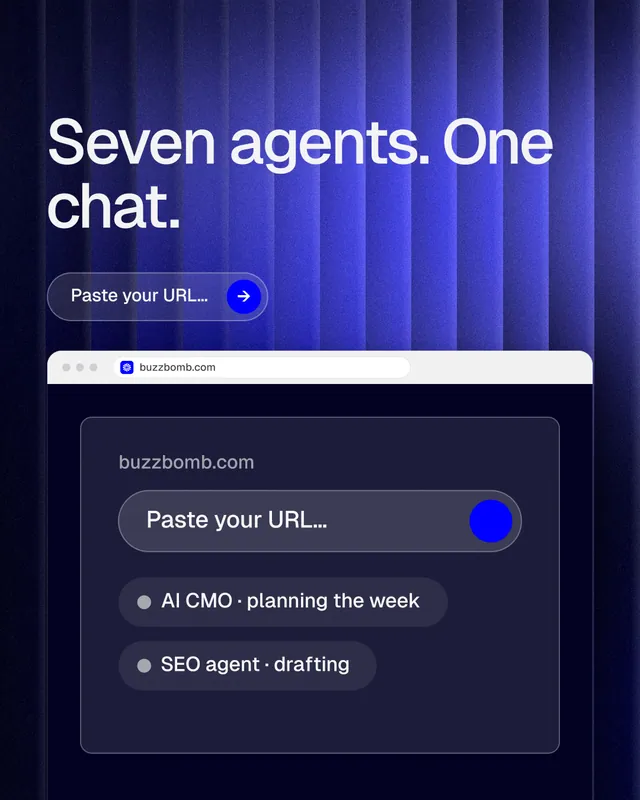 Instagram portrait post for BuzzBomb: "Seven agents. One chat." Agentic glass style, browser layout, dark palette in blue, black.