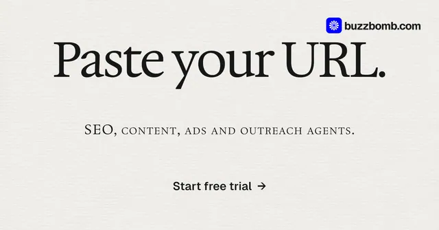 Social ad for BuzzBomb: "Paste your URL." Swiss style, smallcaps layout, light palette in white, grey.