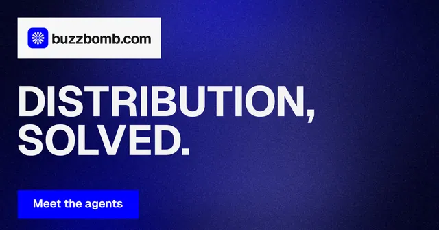 Social ad for BuzzBomb: "Distribution, solved." Swiss style, announce layout, dark palette in blue.