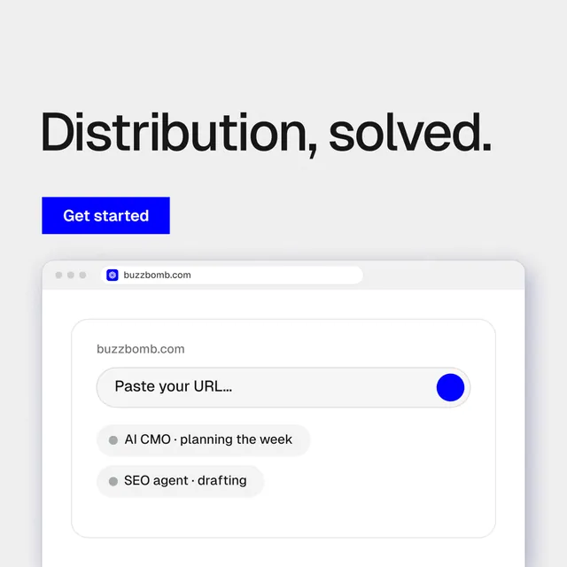 Instagram post for BuzzBomb: "Distribution, solved." Swiss style, browser layout, light palette in white, blue.