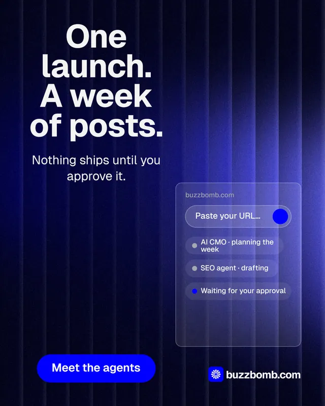 Instagram portrait post for BuzzBomb: "One launch. A week of posts." Agentic glass style, skeleton layout, dark palette in black, blue.