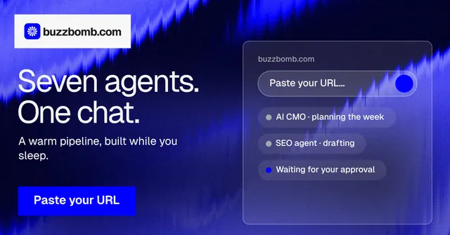 Social ad for BuzzBomb: "Seven agents. One chat." Swiss style, bottom layout, dark palette in blue.