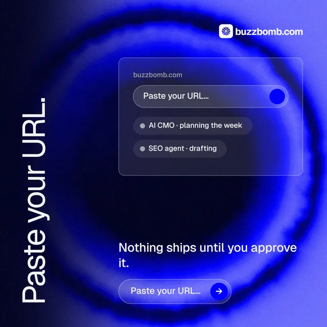 Instagram post for BuzzBomb: "Paste your URL." Agentic glass style, vertical layout, dark palette in black, blue.