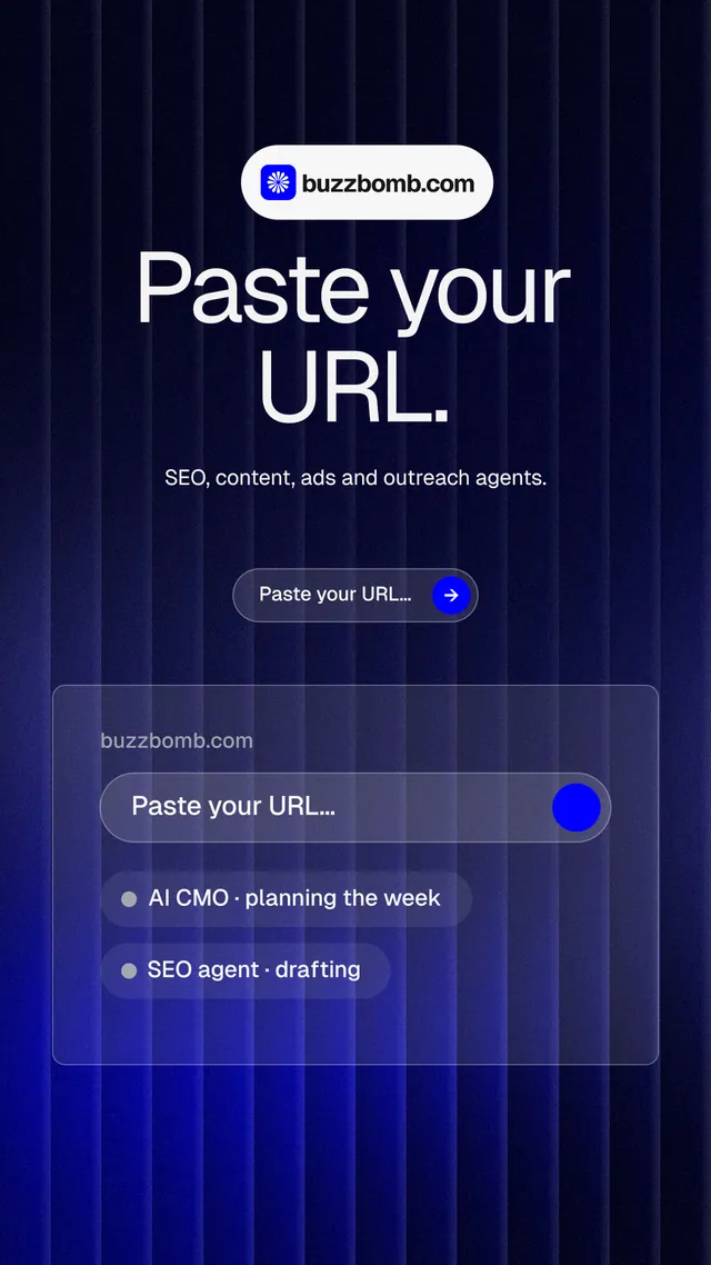 Instagram story for BuzzBomb: "Paste your URL." Agentic glass style, centred layout, dark palette in black, blue, grey.