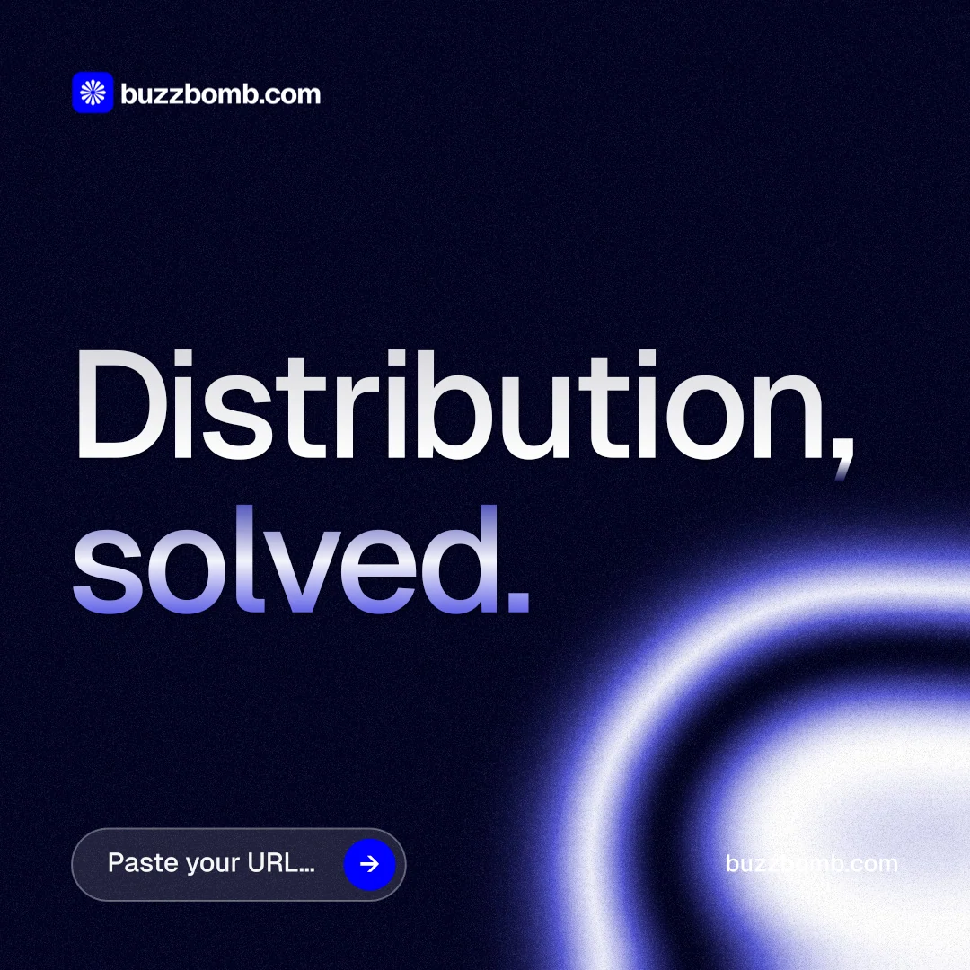 Instagram post for BuzzBomb: "Distribution, solved." Agentic glass style, poster layout, dark palette in black, blue.