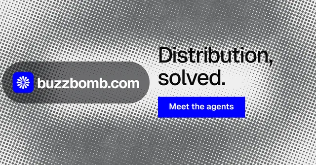 Social ad for BuzzBomb: "Distribution, solved." Swiss style, logo hero layout, light palette in grey.