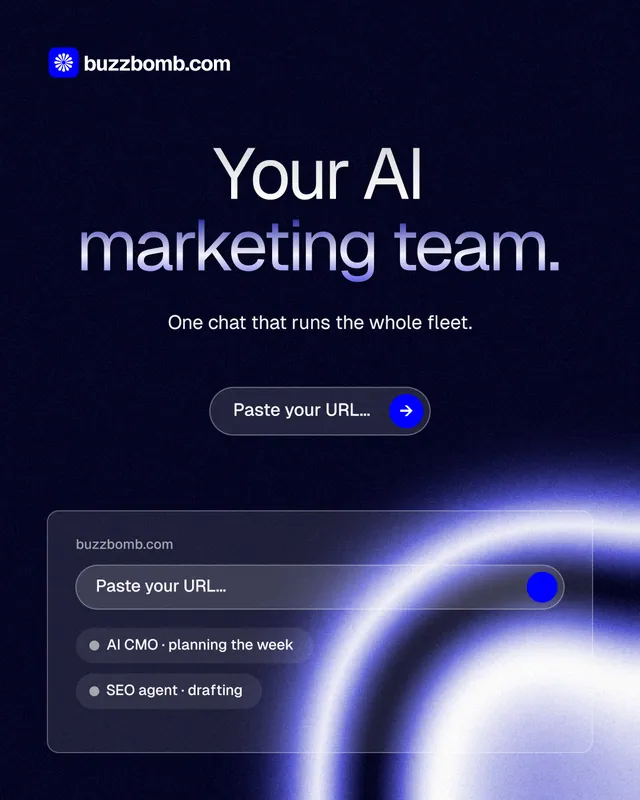 Instagram portrait post for BuzzBomb: "Your AI marketing team." Agentic glass style, centred layout, dark palette in black, blue.