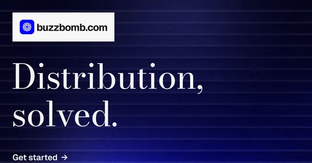 Social ad for BuzzBomb: "Distribution, solved." Minimal luxury style, announce layout, dark palette in black, blue, grey.