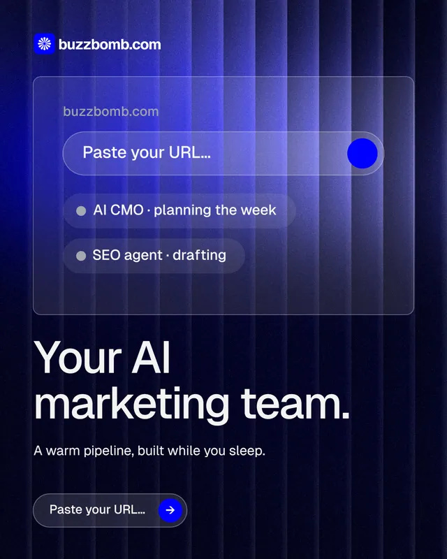Instagram portrait post for BuzzBomb: "Your AI marketing team." Agentic glass style, bottom layout, dark palette in black, blue.