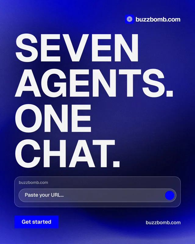 Instagram portrait post for BuzzBomb: "Seven agents. One chat." Swiss style, poster layout, dark palette in blue, white.