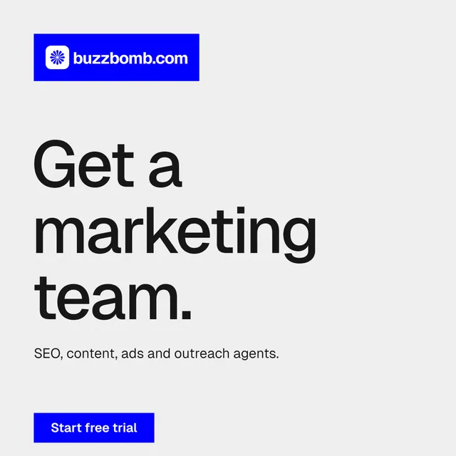 Instagram post for BuzzBomb: "Get a marketing team." Swiss style, announce layout, light palette in white, blue.